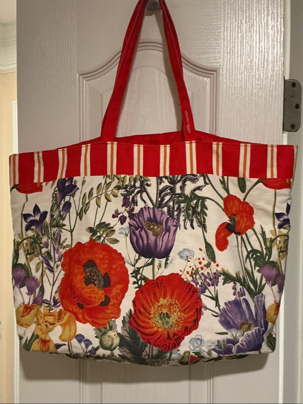Floral Canvas Tote Bag with Red Trim
